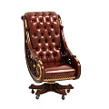 Luxurious Brown Leather Office Chair With Gold Carved Accents Wooden Armrests And Tufted Backrest