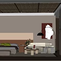 Hotel Guest Room With Bamboo Ceiling Textured Wall Red Artwork Wooden Elements And Modern Bed