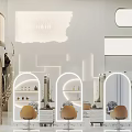 Stylish Modern Hair Salon Interior With Arched Mirrors And Comfortable Orange Chairs