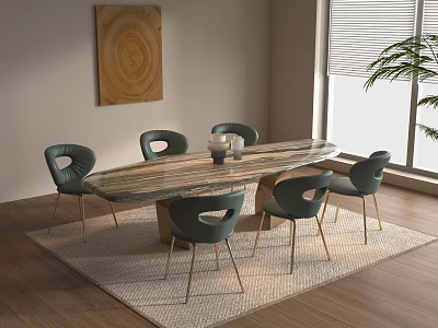 Modern Restaurant Interior With Oval Dining Table Green Chairs Gold Legs And Wooden Decorative Painting 3d model