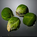 Fresh Green Brussels Sprouts Close Up On Reflective Dark Background
