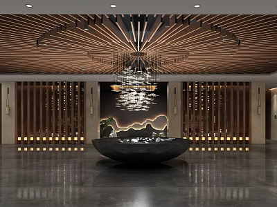 Hotel Lobby Interior Design With Luxurious Chandelier Wooden Ceiling And Central Decorative Elements 3d model