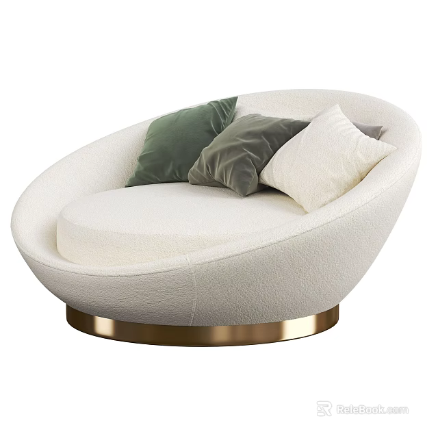 White Lazy Sofa With Gold Base And Green Grey White Pillows 3d model 