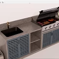 Modern Dining Kitchen Interior With Grill Roasting Meat Sink And Blue Louvered Cabinets