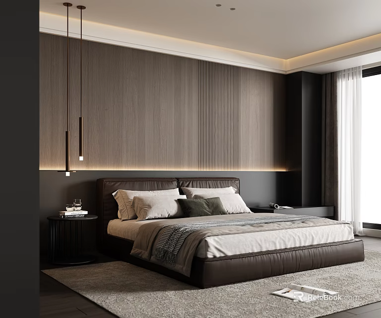 Modern Bedroom Interior With Wooden Wall Headboard Leather Bed And Area Rug 3d model 