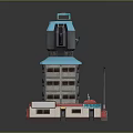 Modular Computer Design Featuring Stacked Components Blue Display Top And Red Base Structure