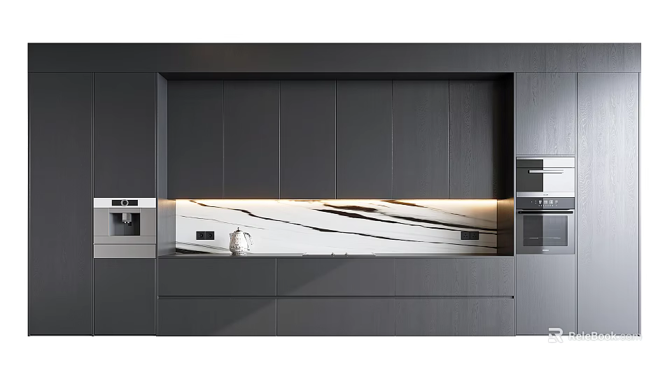 Modern Dark Kitchen Cabinets With Marble Countertop And Built In Appliances 3d model 