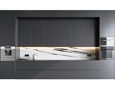 Modern Dark Kitchen Cabinets With Marble Countertop And Built In Appliances 3d model