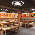 Hotpot Restaurant Interior Featuring Wooden Tables Benches Orange Walls Circular Decorations Warm Lighting Open Space