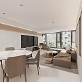 Modern Living and Dining Room Interior With Marble Dining Table Sofa Set And Large Windows