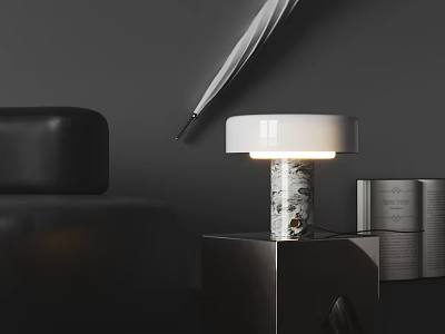Illuminated Modern White Lampshade Table Lamp With Patterned Base On Side Table Near Black Sofa And Open Books 3d model