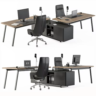 Modern Office Desk With Computer Monitor Black Chair Drawer Cabinet And Stationery 3d model