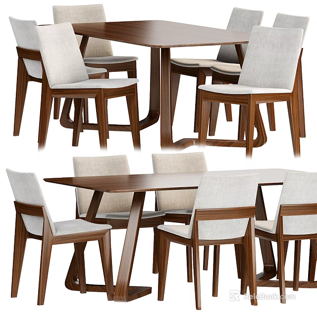Modern Wooden Dining Table Set With Upholstered Chairs And Natural Wood Finish Design 3d model 