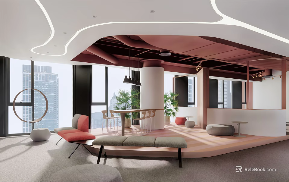 Modern Lounge Area Interior With Colorful Seating Greenery And Curved Ceiling Lighting 3d model 