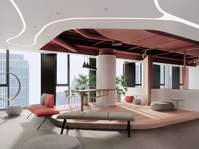 Modern Lounge Area Interior With Colorful Seating Greenery And Curved Ceiling Lighting 3d model