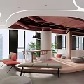 Modern Lounge Area Interior With Colorful Seating Greenery And Curved Ceiling Lighting