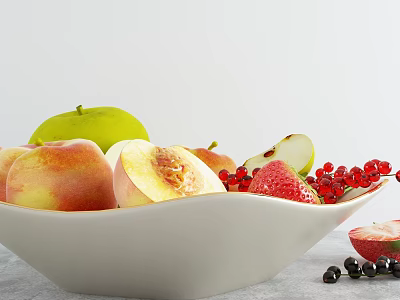 Fresh Mixed Fruits in White Bowl with Peaches Apples Strawberries and Berries Sliced and Whole 3d model