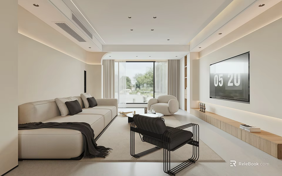 Modern Living Room Interior With Beige Sofa Accent Chair And Large TV 3d model 