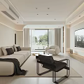 Modern Living Room Interior With Beige Sofa Accent Chair And Large TV