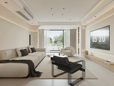 Modern Living Room Interior With Beige Sofa Accent Chair And Large TV 3d model