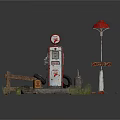 Vintage Gas Station Scene With Retro Pump Red Street Lamp And Wooden Fence