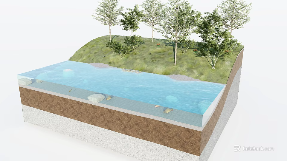 Natural Garden Landscape Design With Grass Trees Water Area And Rock Layers 3d model 
