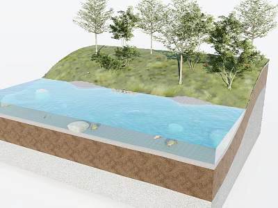 Natural Garden Landscape Design With Grass Trees Water Area And Rock Layers 3d model
