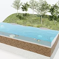 Natural Garden Landscape Design With Grass Trees Water Area And Rock Layers