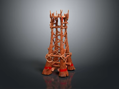 Intricate Wooden Tower Structure With Intertwined Sticks Ropes And Red Bands 3d model