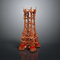 Intricate Wooden Tower Structure With Intertwined Sticks Ropes And Red Bands