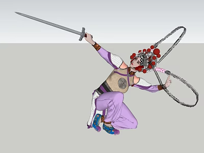 Woman in Purple Traditional Costume with Red Decorated Headdress Holding Sword and Circular Rings 3d model