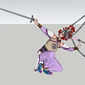 Woman in Purple Traditional Costume with Red Decorated Headdress Holding Sword and Circular Rings
