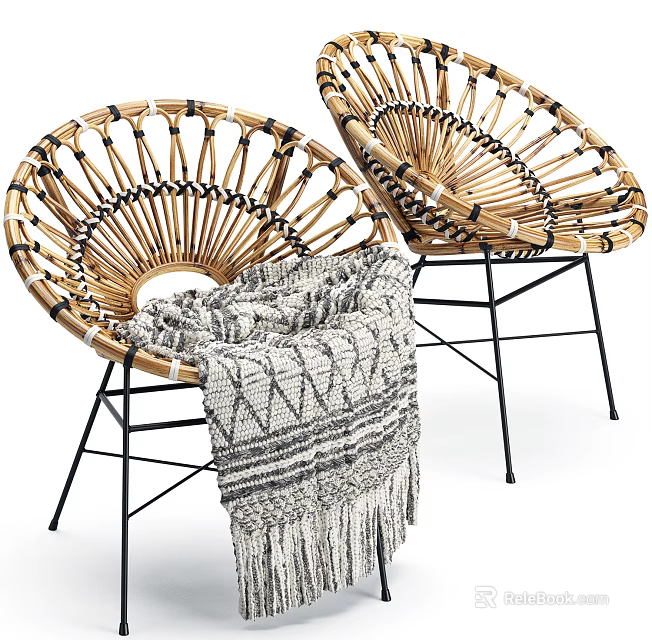 Stylish Rattan Leisure Chairs With Black Metal Legs Gray Geometric Pattern Blanket And Fringe Detail 3d model 