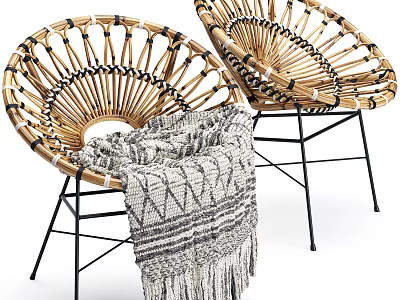 Stylish Rattan Leisure Chairs With Black Metal Legs Gray Geometric Pattern Blanket And Fringe Detail 3d model