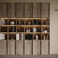 Modern Wooden Bookcase Interior With Books Decorative Vases Circular Decor And Built In Lighting