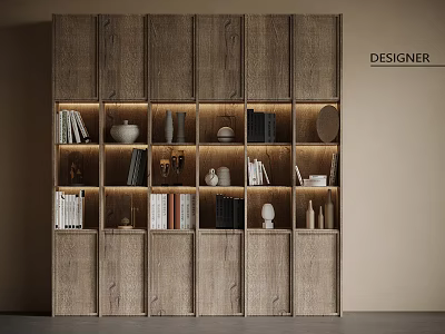 Modern Wooden Bookcase Interior With Books Decorative Vases Circular Decor And Built In Lighting 3d model