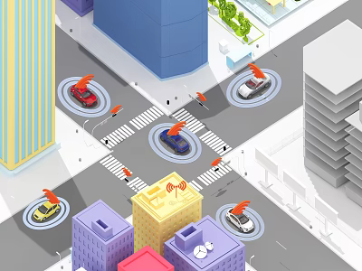 Cartoon City Scene with Colorful Buildings Busy Crossroad Vehicles with Radar Signals and Pedestrians 3d model