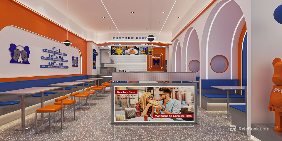 Modern Restaurant Interior With Orange White Walls Arched Doorways Hanging Lights Blue Seats Dining Tables 3d model 