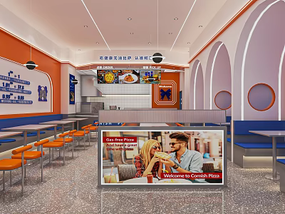 Modern Restaurant Interior With Orange White Walls Arched Doorways Hanging Lights Blue Seats Dining Tables 3d model
