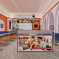 Modern Restaurant Interior With Orange White Walls Arched Doorways Hanging Lights Blue Seats Dining Tables