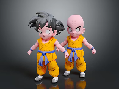Two Young Cartoon Characters Wearing Yellow Outfits With Blue Belts And Spiky Hair Bald Head 3d model