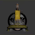 Vintage Black And Yellow Mechanical Device With Round Base Black Wheel And Decorative Stripes