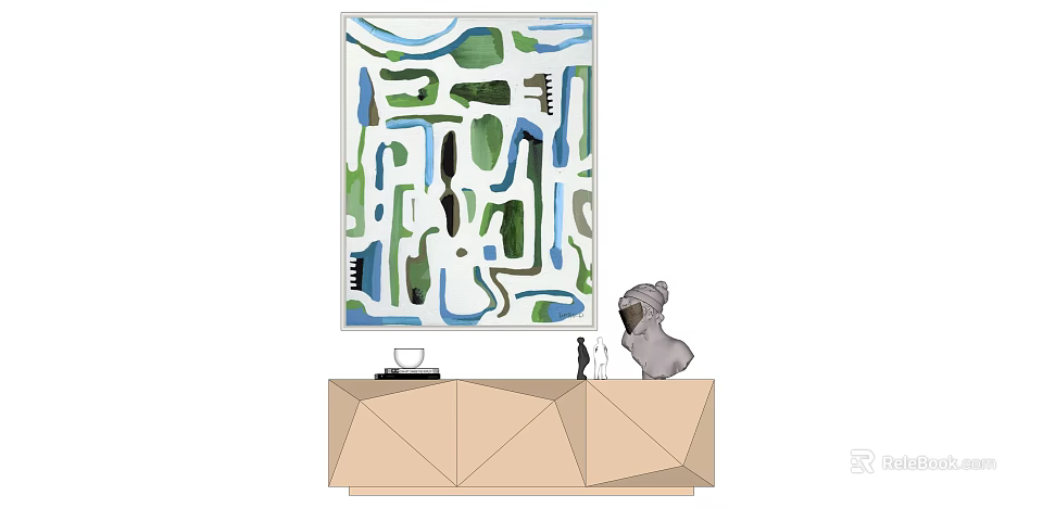 Modern Geometric Cabinet Featuring Abstract Green Blue Painting and Decorative Dog Sculpture 3d model 