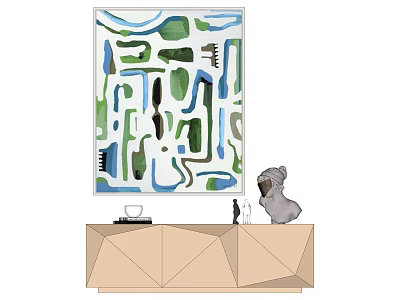 Modern Geometric Cabinet Featuring Abstract Green Blue Painting and Decorative Dog Sculpture 3d model