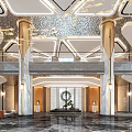 Elegant Double Story Hotel Lobby With Shimmering Ceiling Golden Pillars Modern Lighting And Marble Flooring