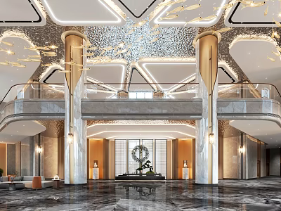 Elegant Double Story Hotel Lobby With Shimmering Ceiling Golden Pillars Modern Lighting And Marble Flooring 3d model