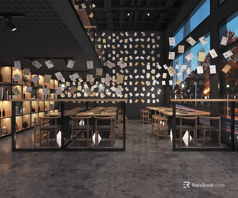 Industrial Hot Pot Restaurant Interior With Hanging Decor And Seating 3d model 