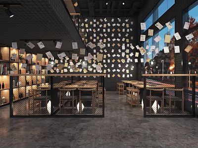 Industrial Hot Pot Restaurant Interior With Hanging Decor And Seating 3d model