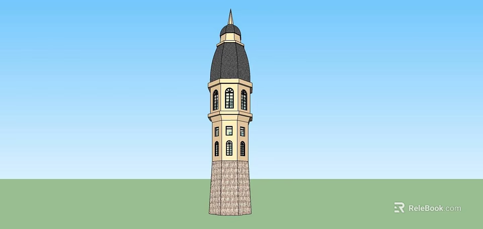 Elegant Classical Tower With Black Dome Arched Windows And Stone Base Structure 3d model 