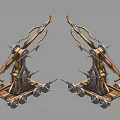 Ancient Symmetric Mechanical Siege Weapon With Wooden Metal Structure And Wheels